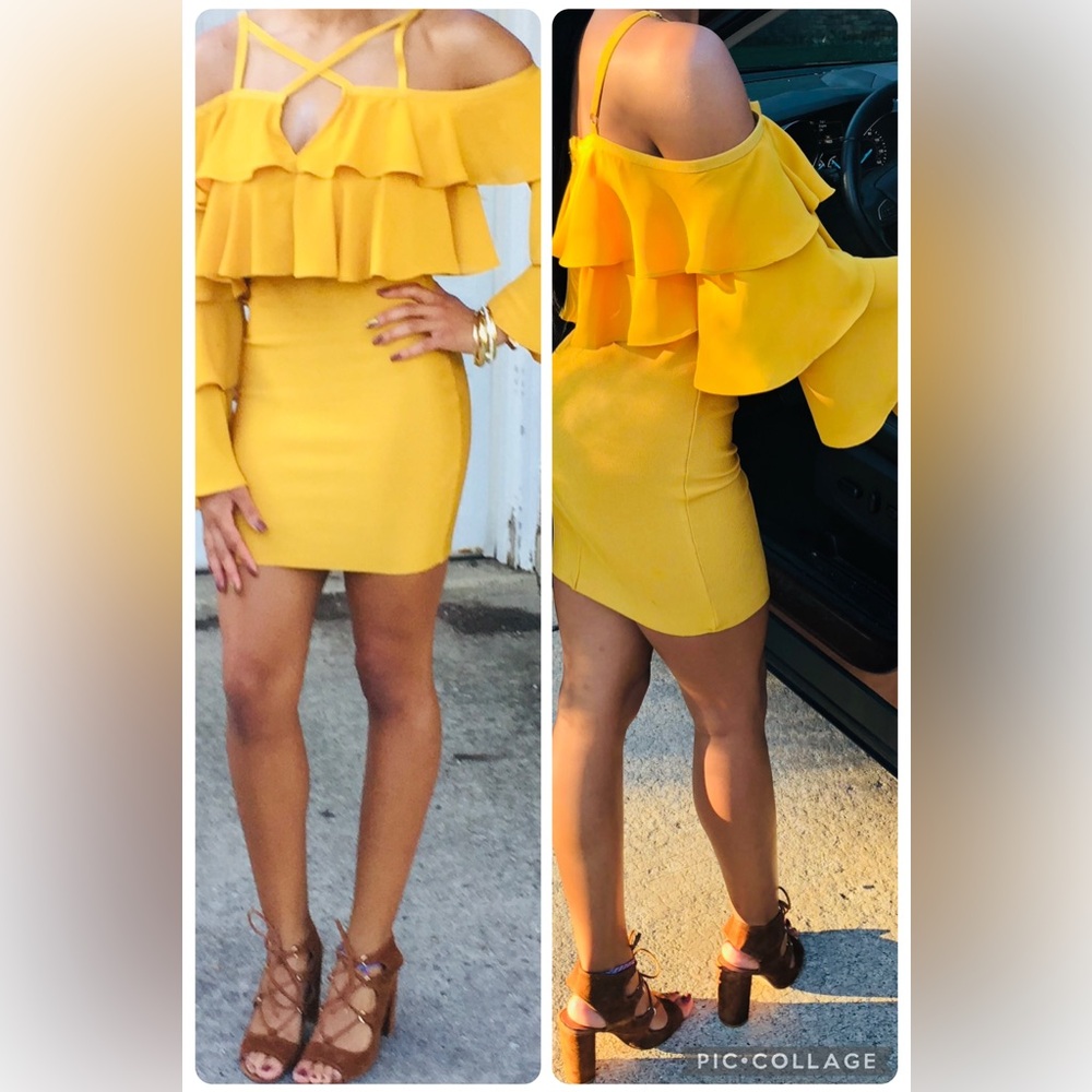 AKIRA Mustard Off-Shoulder Ruffle Dress